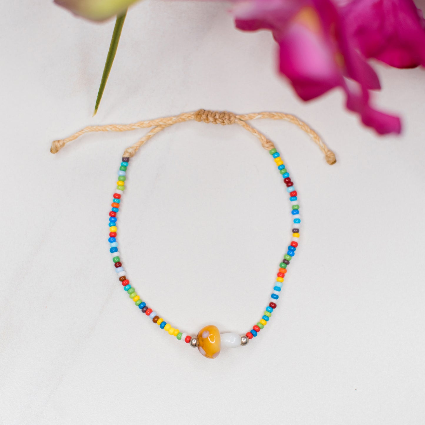 String Beaded Mushroom Bracelet Handmade Fair Trade Guatemalan