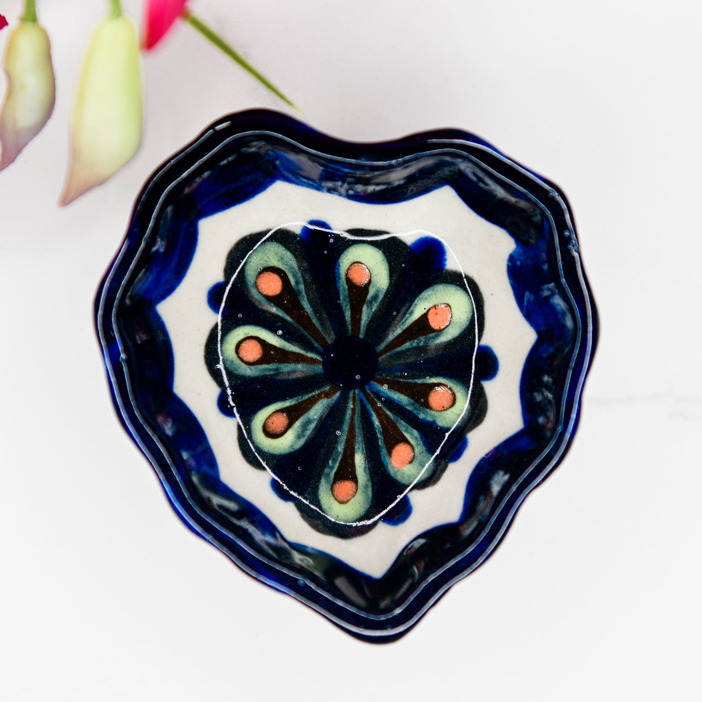 Handcrafted heart-shaped mini tapas dish with vibrant San Antonio Polopó pattern from Guatemala, ethically made through fair trade. Ideal for restaurants, cafés, or retailers seeking unique, functional tableware.