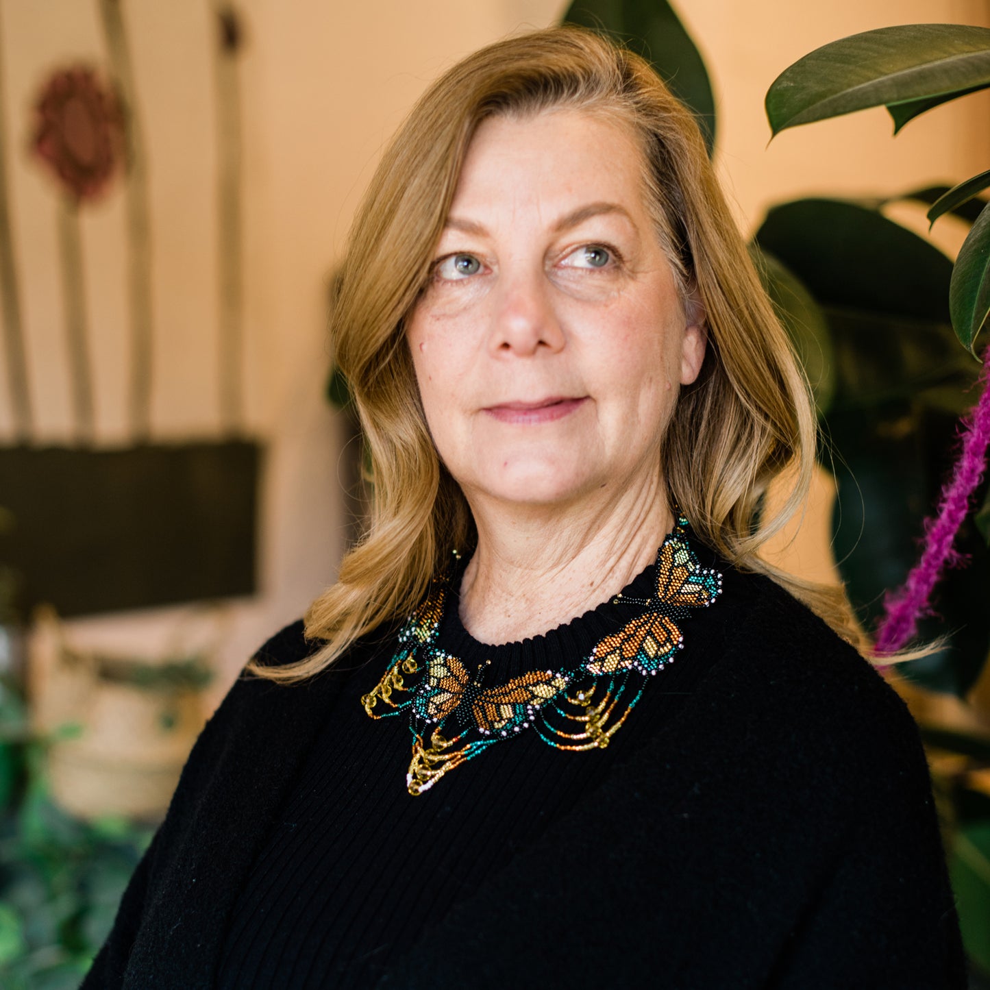 Gold Butterfly in Flight Beaded Necklace