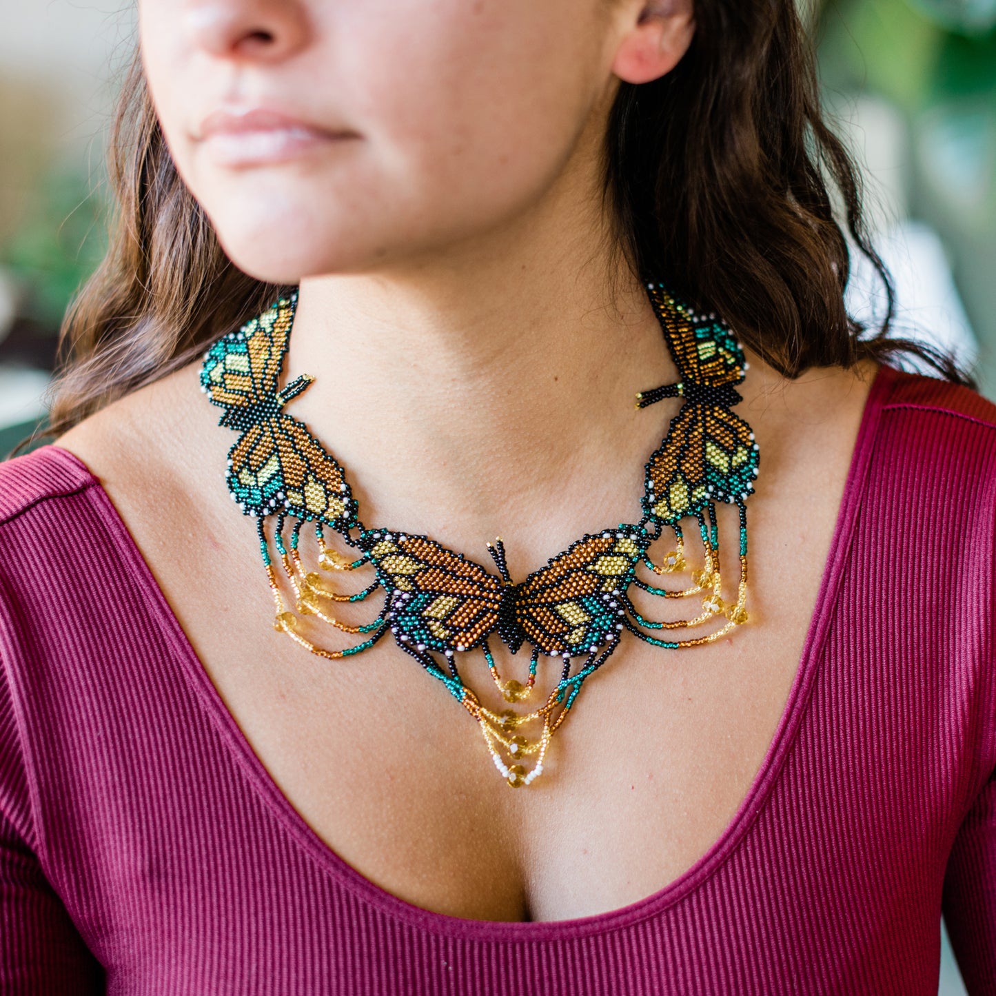 Gold Butterfly in Flight Beaded Necklace