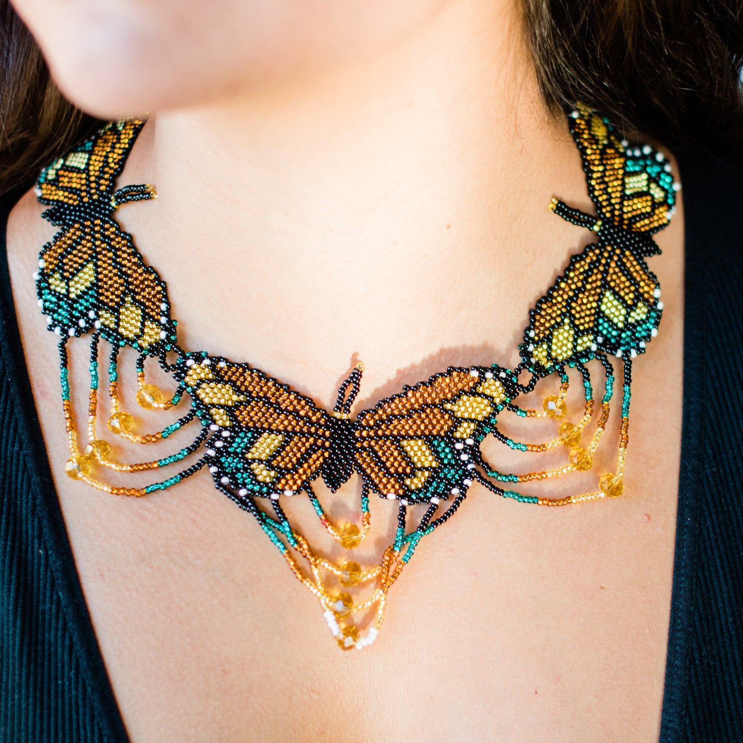 Gold Butterfly in Flight Beaded Necklace