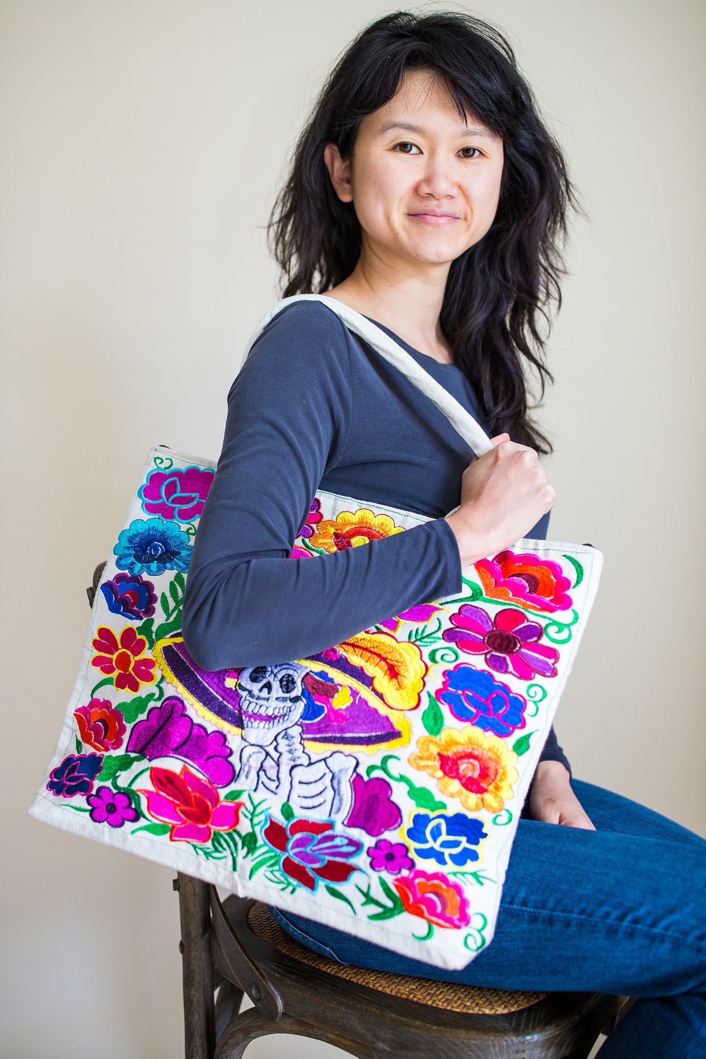 Sugar Skull Skeleton Embroidered Tote Bag