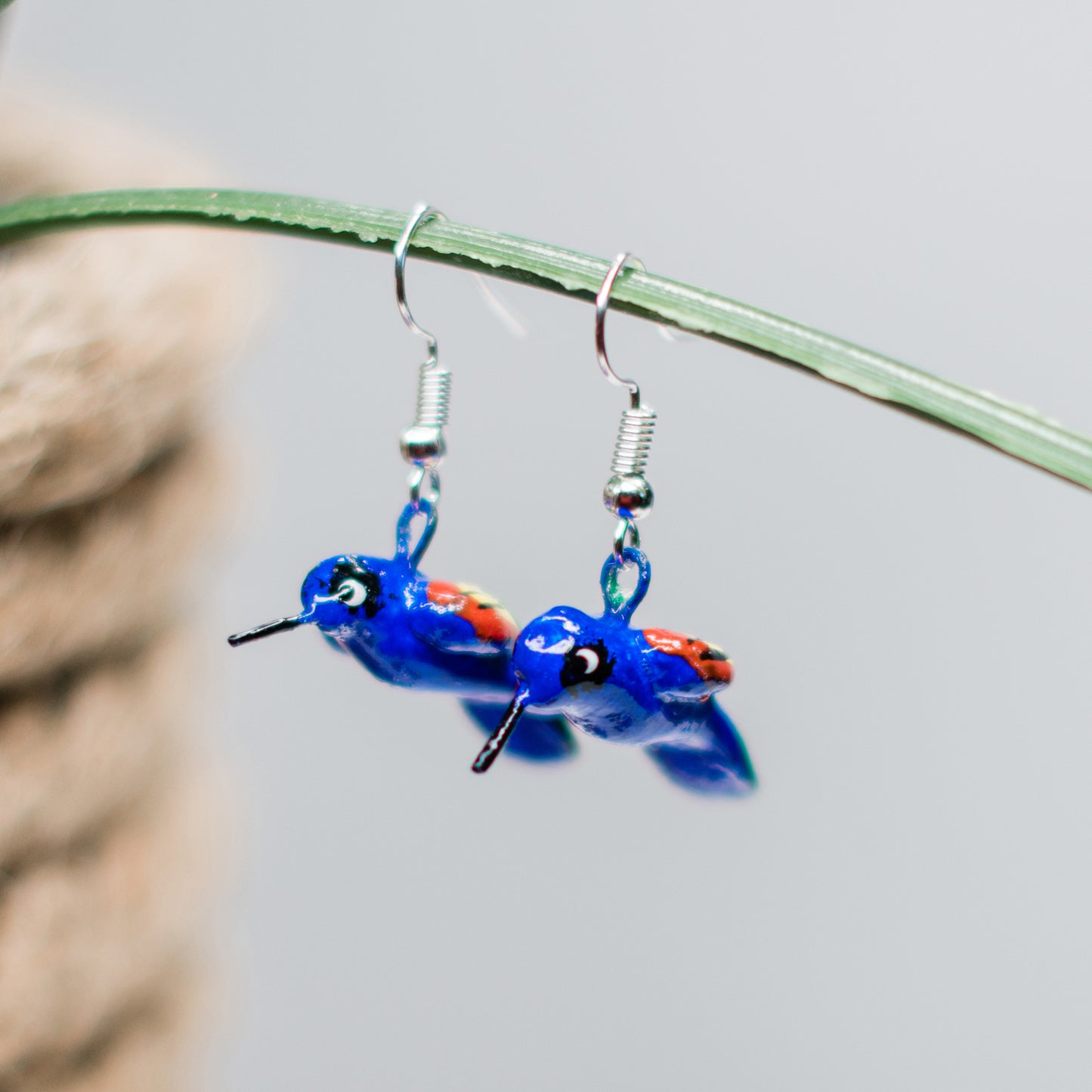 blue hummingbird ceramic dangle fair trade jewelry earrings handmade guatemala