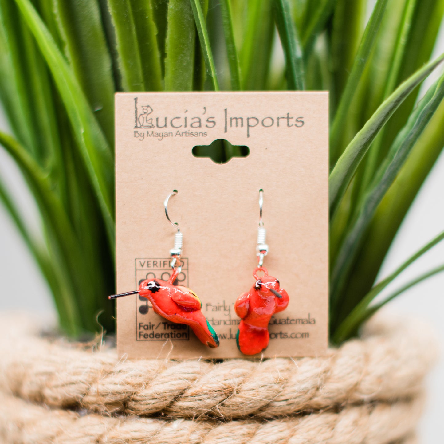 red ceramic hummingbird earrings fair trade handmade guatemalan