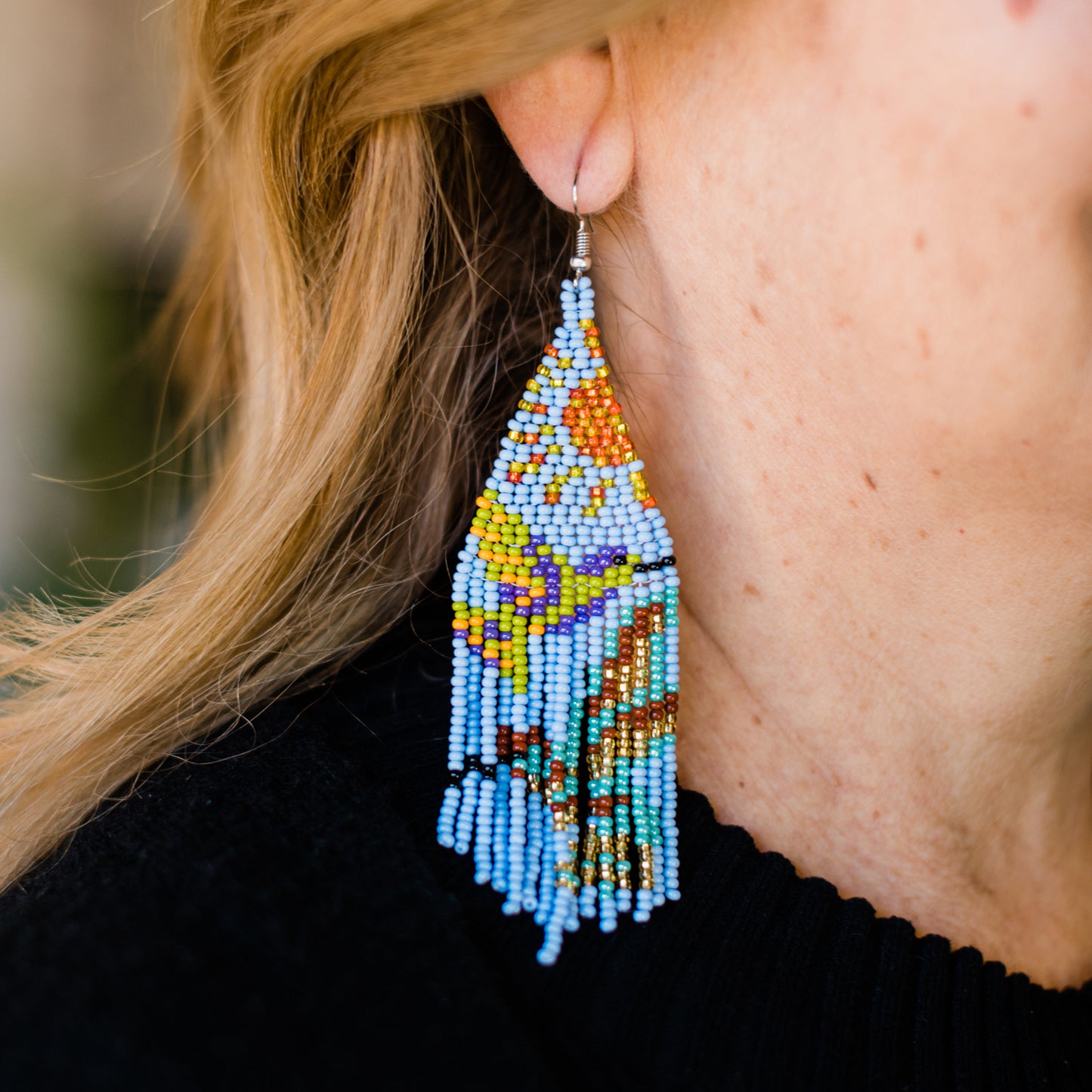 Daylight Hummingbird in Flight Fringe Earrings