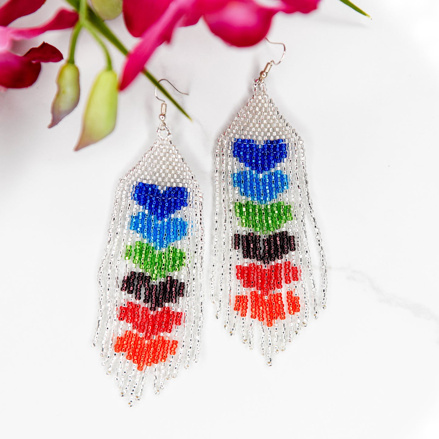 Silver Beaded earrings with colorful rainbow heart pattern