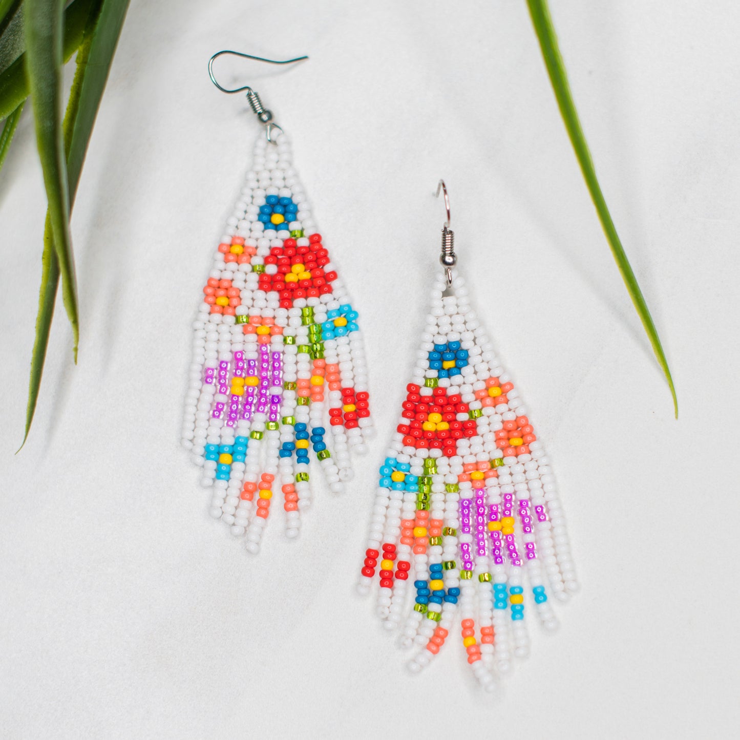 Flower Fringe Earrings White