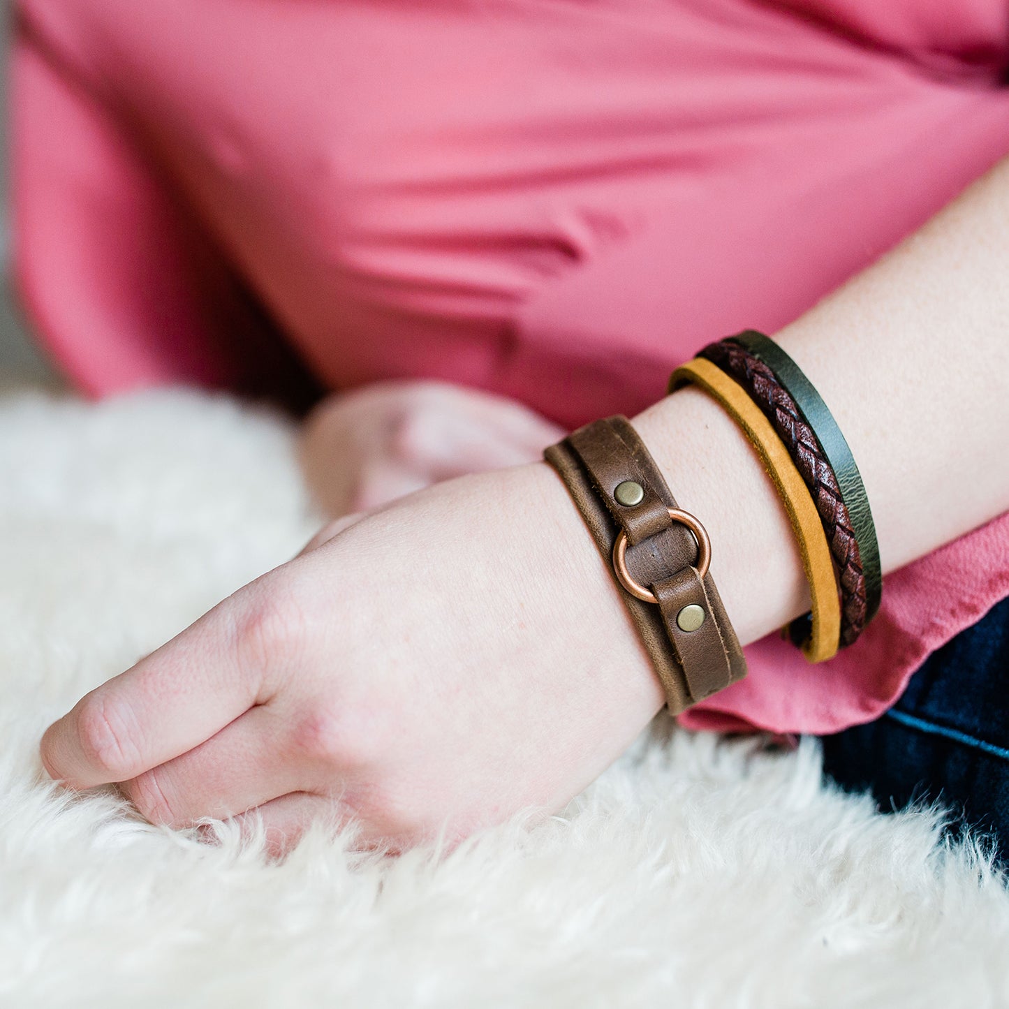Three Color Leather Strand Bracelet