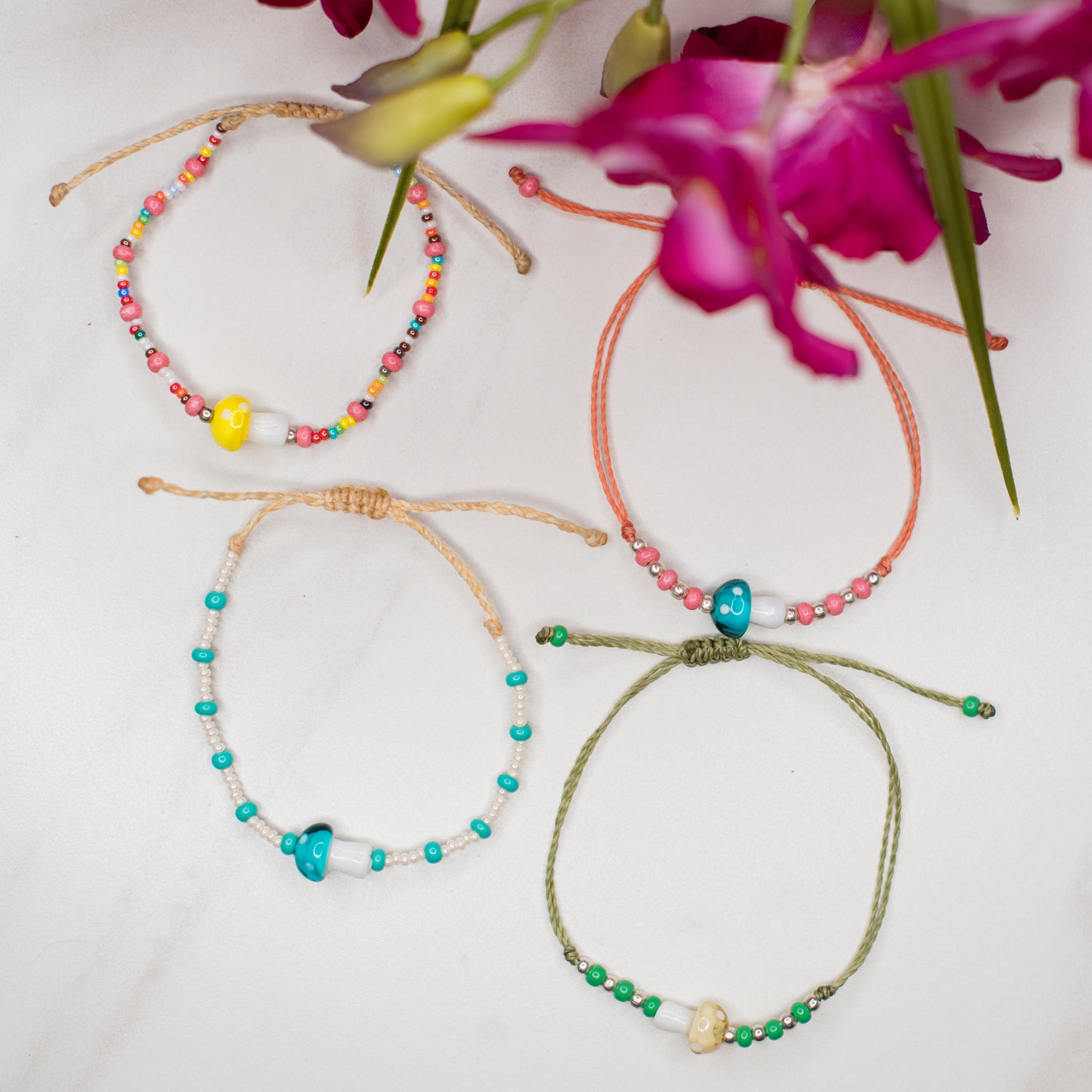 String Beaded Mushroom Bracelet Handmade Fair Trade Guatemalan