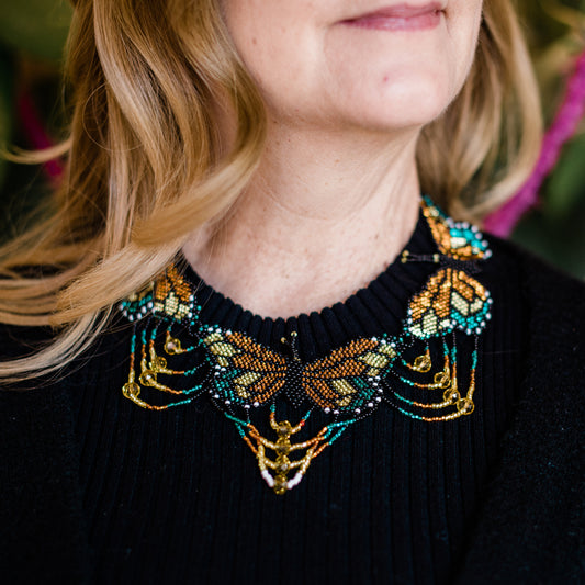 Gold Butterfly in Flight Beaded Necklace