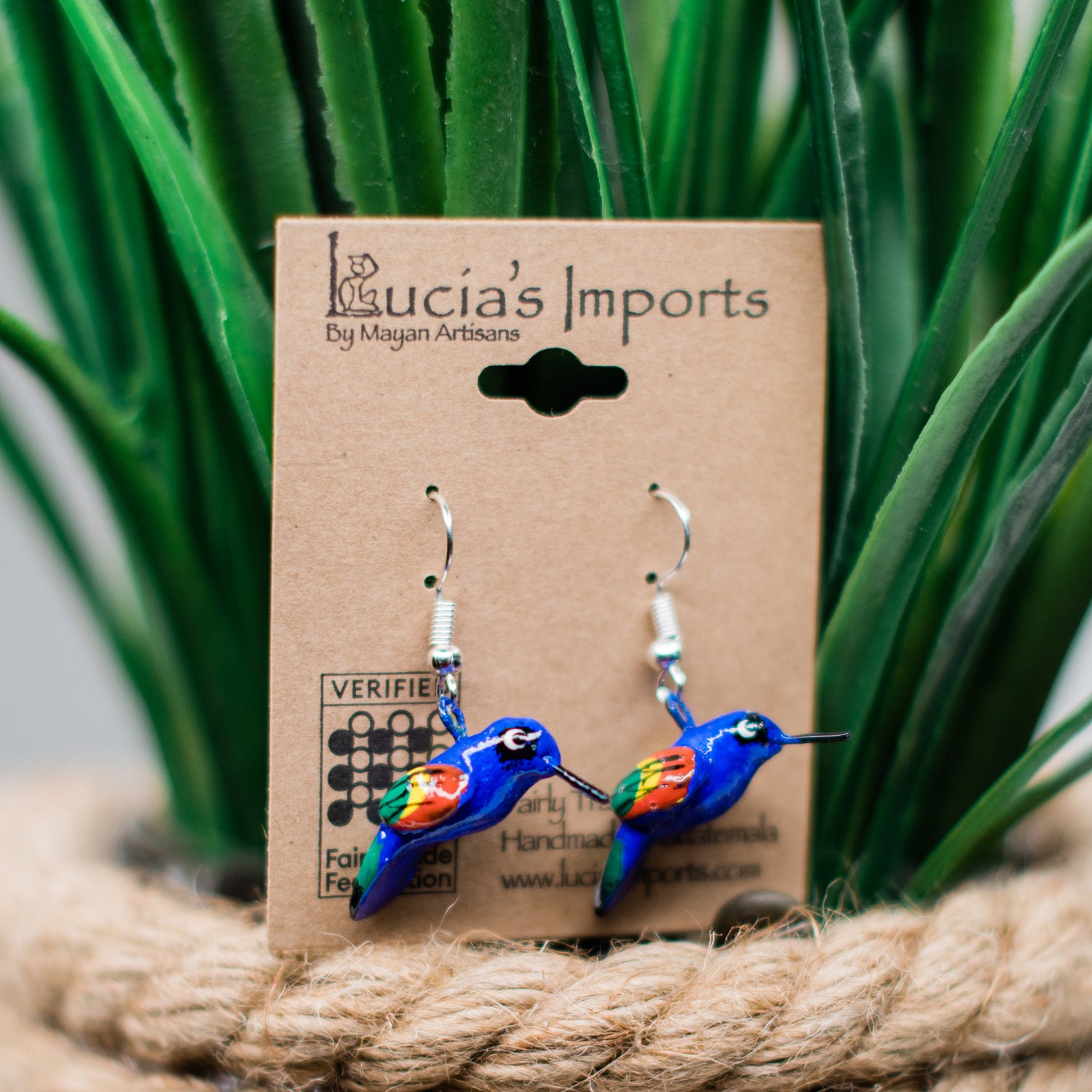 blue hummingbird ceramic dangle fair trade jewelry earrings handmade guatemala