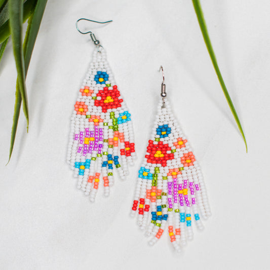 Flower Fringe Earrings White