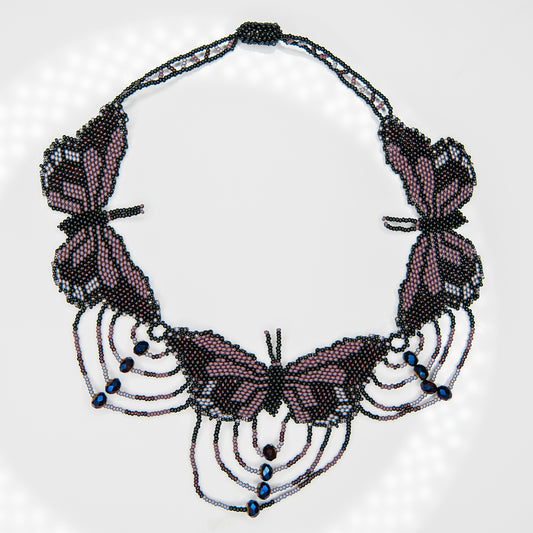 Purple Butterfly in Flight Beaded Necklace