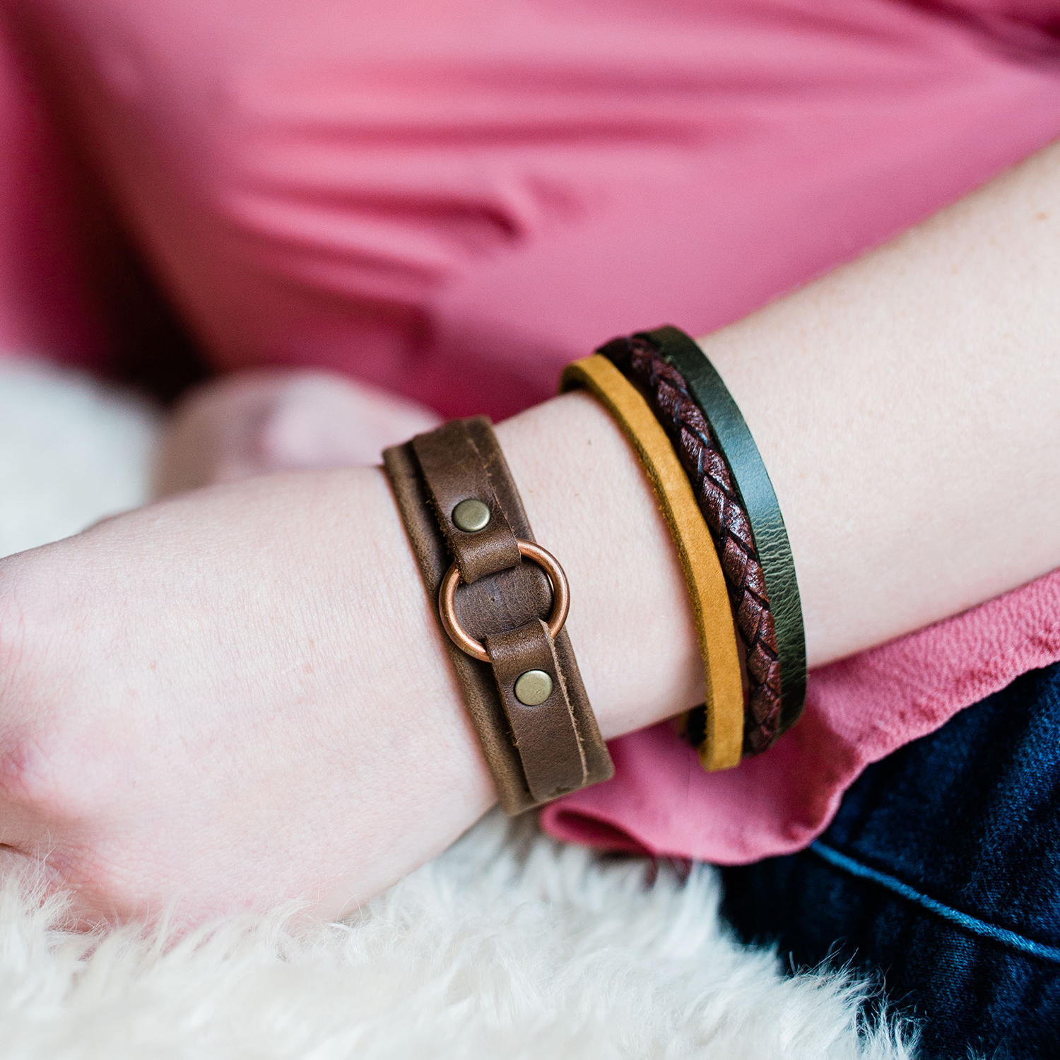 Three Color Leather Strand Bracelet Bracelets Handmade