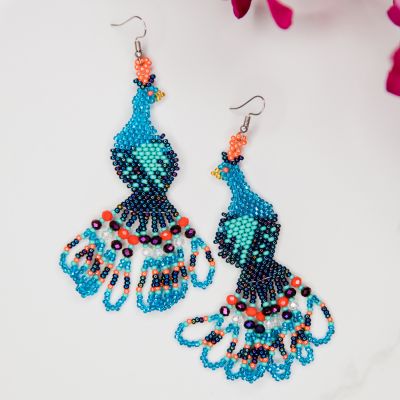 peacock blue beaded earrings handmade fair trade guatemalan