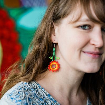 Flower Earring Beaded Handmade Fair Trade Ethical Jewelry Orange Turquoise