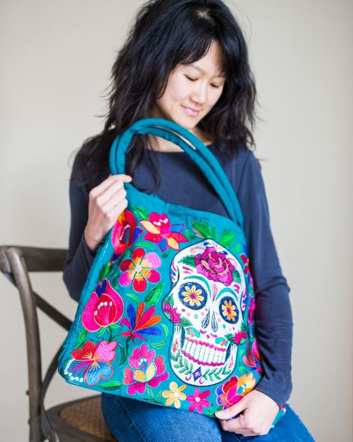 skeleton embroidered tote bag fair trade sugar skull