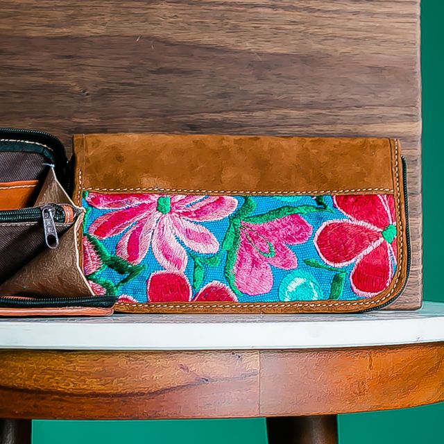 suede leather embroidered floral wristlet handmade guatemalan
