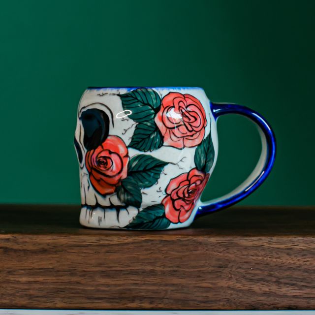 Lucia's Imports Wholesale Handmade Fair Trade Guatemalan Ceramic Sugar Skull Skeleton Mugs Rose Design