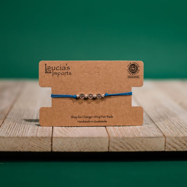 Blue Guatemalan Handmade Sunflower String Charm Bracelet
