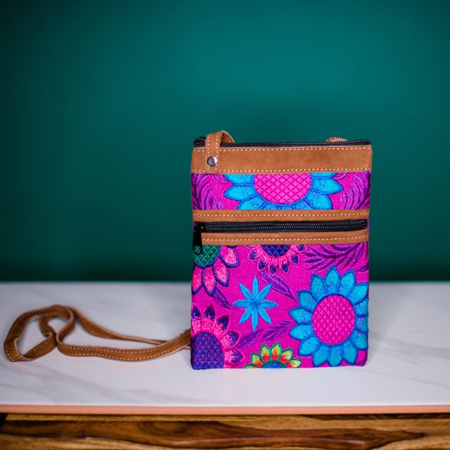 fair trade fiesta passport crossbody purse handmade huipile leather handbag