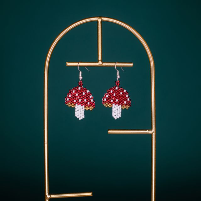 magic mushroom fair trade beaded earrings handmade in guatemala pollinator jewelry wonderland wanderlust