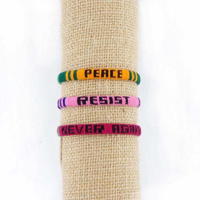 Peace Resist Never Again woven friendship bracelets fair trade