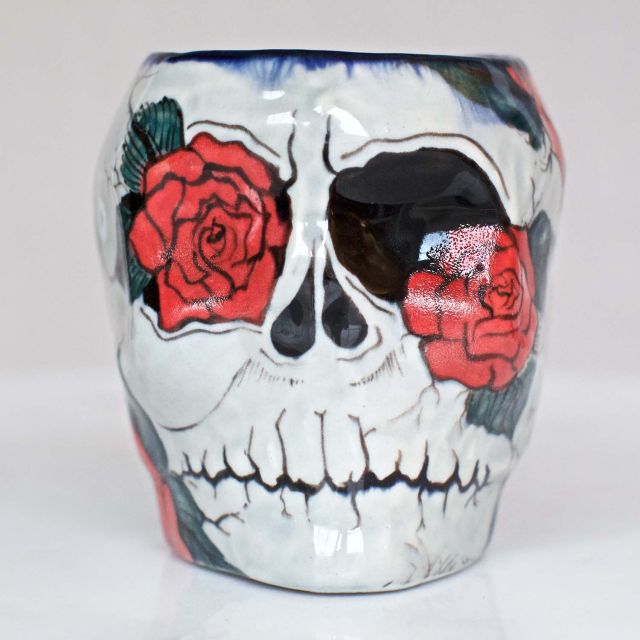 Lucia's Imports Wholesale Handmade Fair Trade Guatemalan Ceramic Sugar Skull Skeleton Mugs Rose DesignLucia's Imports Wholesale Handmade Fair Trade Guatemalan Ceramic Sugar Skull Skeleton Mugs Rose Design
